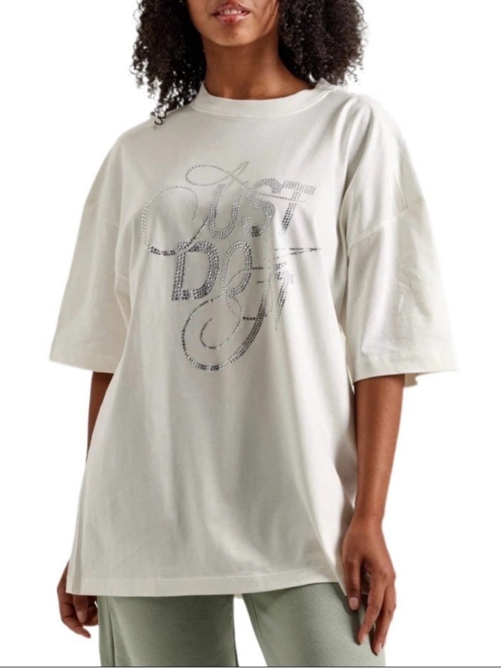 Nike Rhinestone Just Do It Swoosh Bling 
White Oversized Tee -NWT- size L